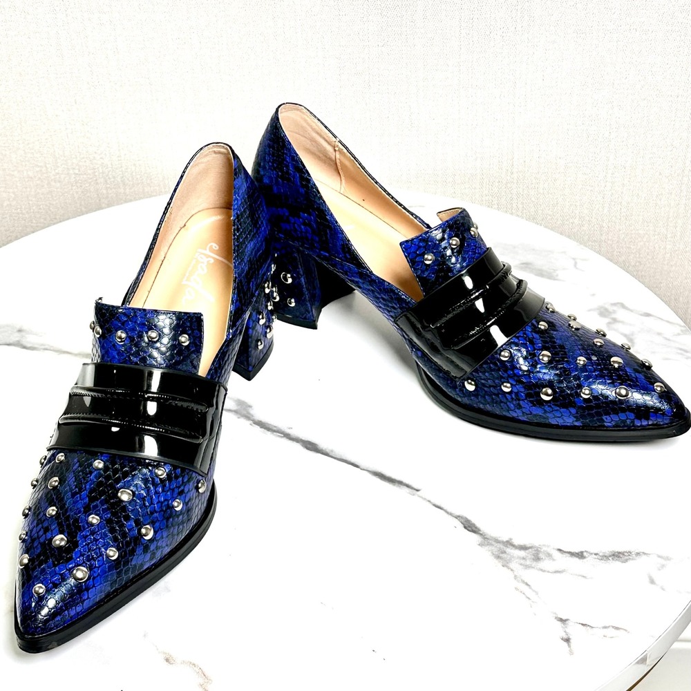 Blue Snakeskin Pointed Toe Studded Loafer Heels Pumps Block Heel Size 10